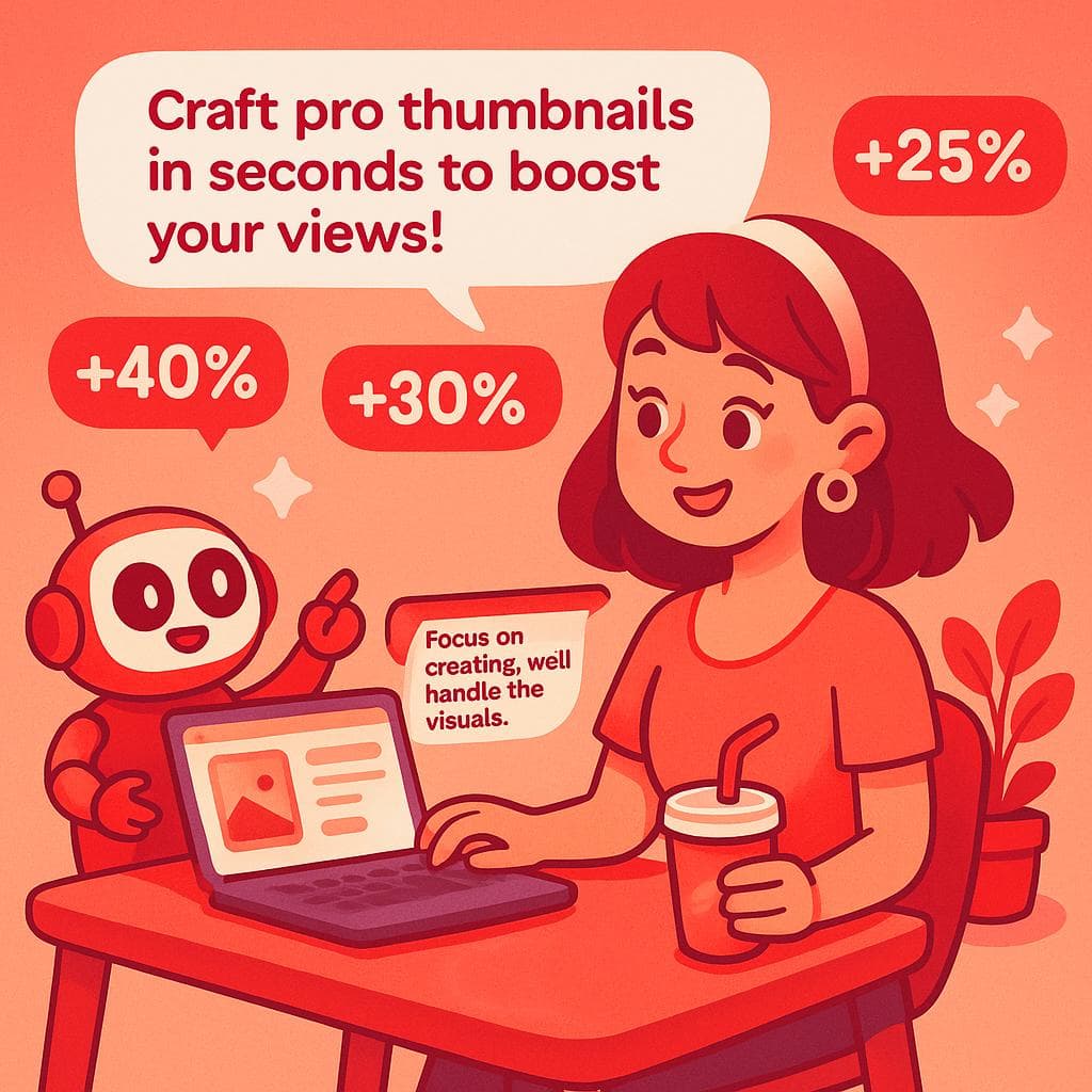 Creator using AI to craft professional thumbnails with performance metrics showing +40%, +30%, and +25% improvements