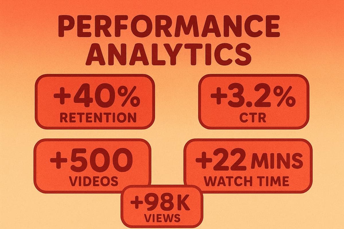 Performance analytics showing +40% retention, +3.2% CTR, +500 videos, +98K views, and +22 mins watch time